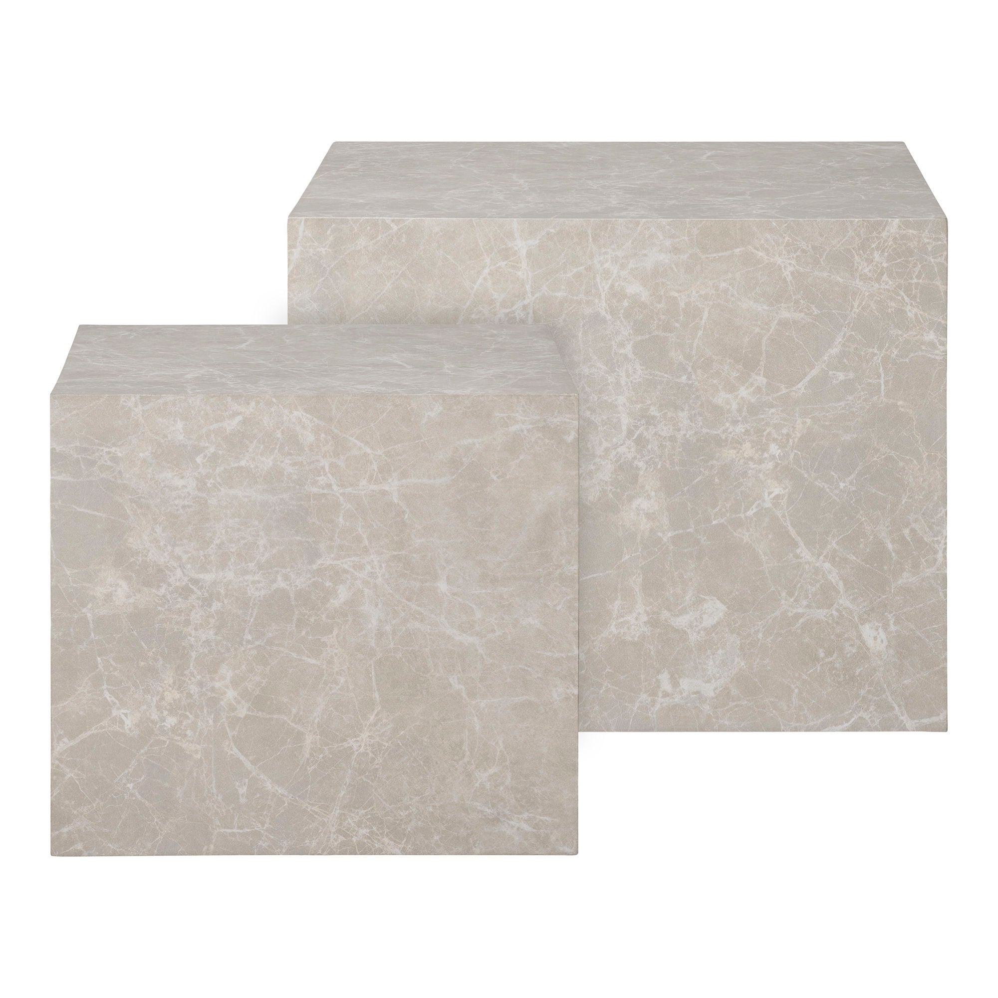 Bovenaanzicht van de House Nordic Prague salontafel set met twee verschillende hoogtes en warme beige marmerprint diepteaccent